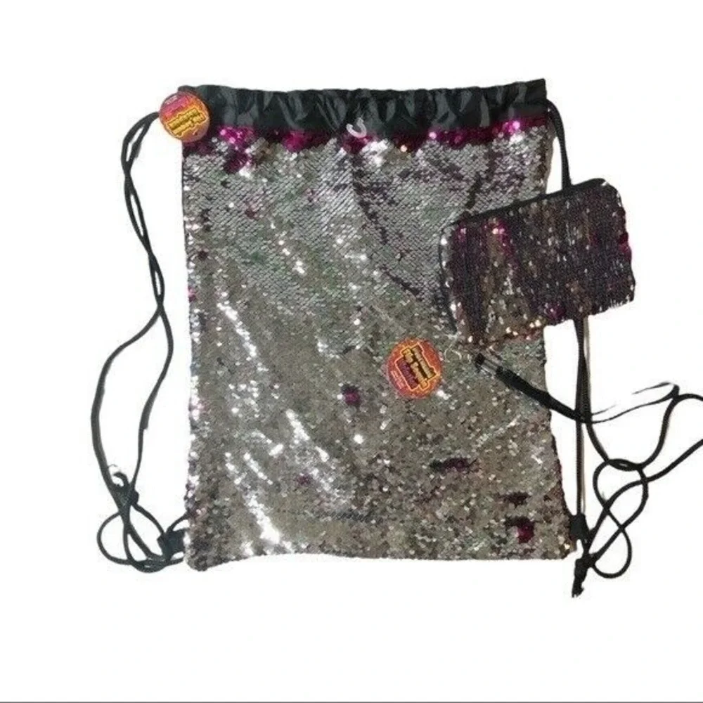 James Paul Kids Pink Silver Flip Sequin Backpack‎ Wristlet 2Pc Mermaid New